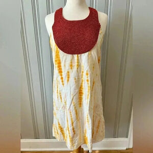 NWT Gretchen Scott beaded Sleeveless dress, White Yellow Tie Dye cotton Size S